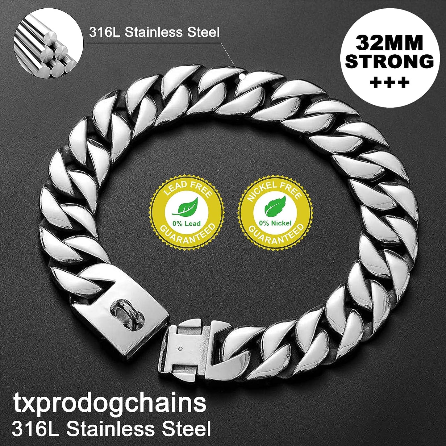 Big Dog Chain Collars,  32MM Thick Cuban Link Dog Collar Strong Metal Dog Cuban Link Collar with Buckle, Solid Stainless Steel Silver Dog Collars for Large Dogs