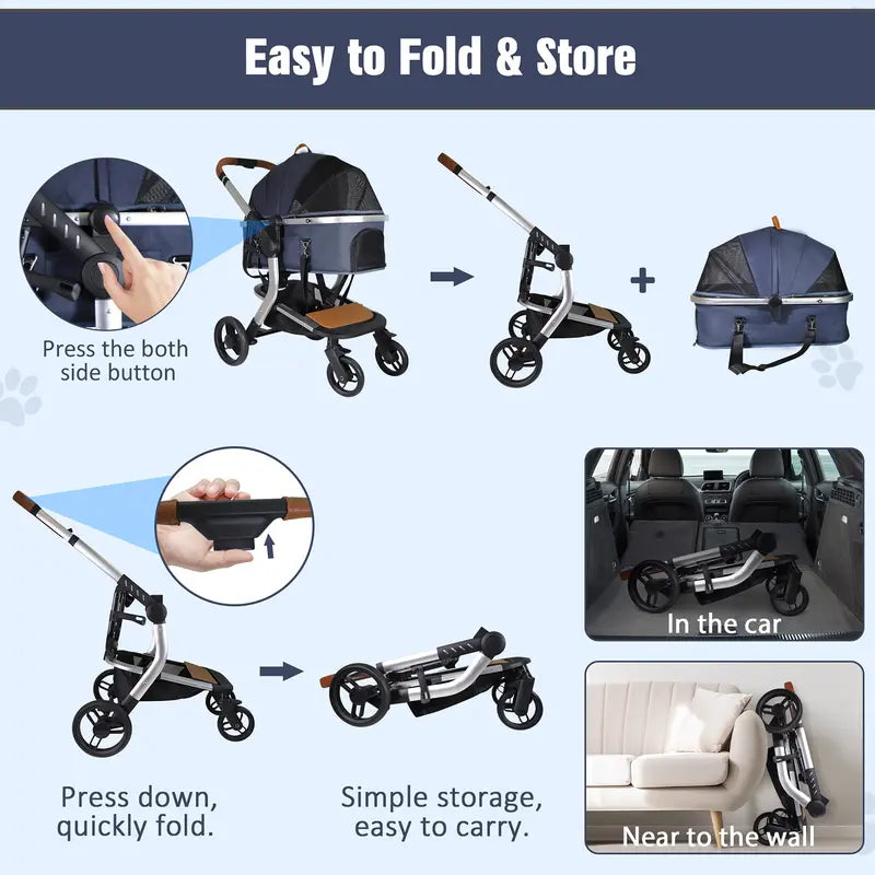 3 in 1 Travel Dog Stroller Pet Carrier with Detachable Carrier & Adjustable Handle, Blue