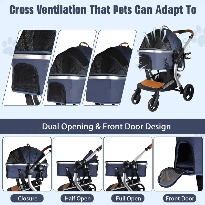 3 in 1 Travel Dog Stroller Pet Carrier with Detachable Carrier & Adjustable Handle, Blue