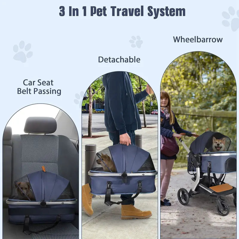 3 in 1 Travel Dog Stroller Pet Carrier with Detachable Carrier & Adjustable Handle, Blue