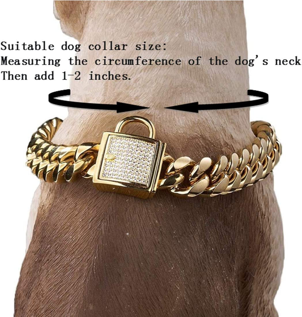 Gold Dog Chain Collar Stainless Steel with Zirconia Lock Luxury Dog Necklace 14MM Heavy Duty Cuban Chain Collar for Small Medium Large Dogs (14Mm Gold,16Inch)