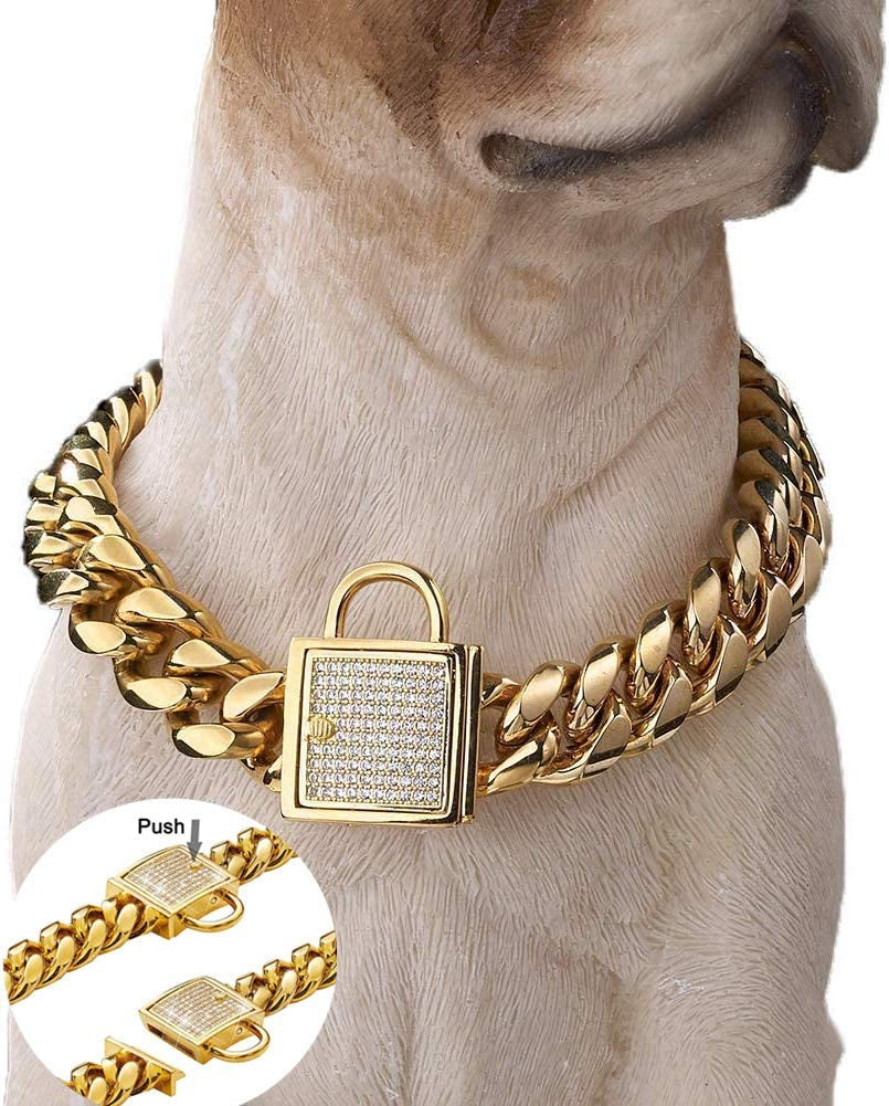 Gold Dog Chain Collar Stainless Steel with Zirconia Lock Luxury Dog Necklace 14MM Heavy Duty Cuban Chain Collar for Small Medium Large Dogs (14Mm Gold,16Inch)