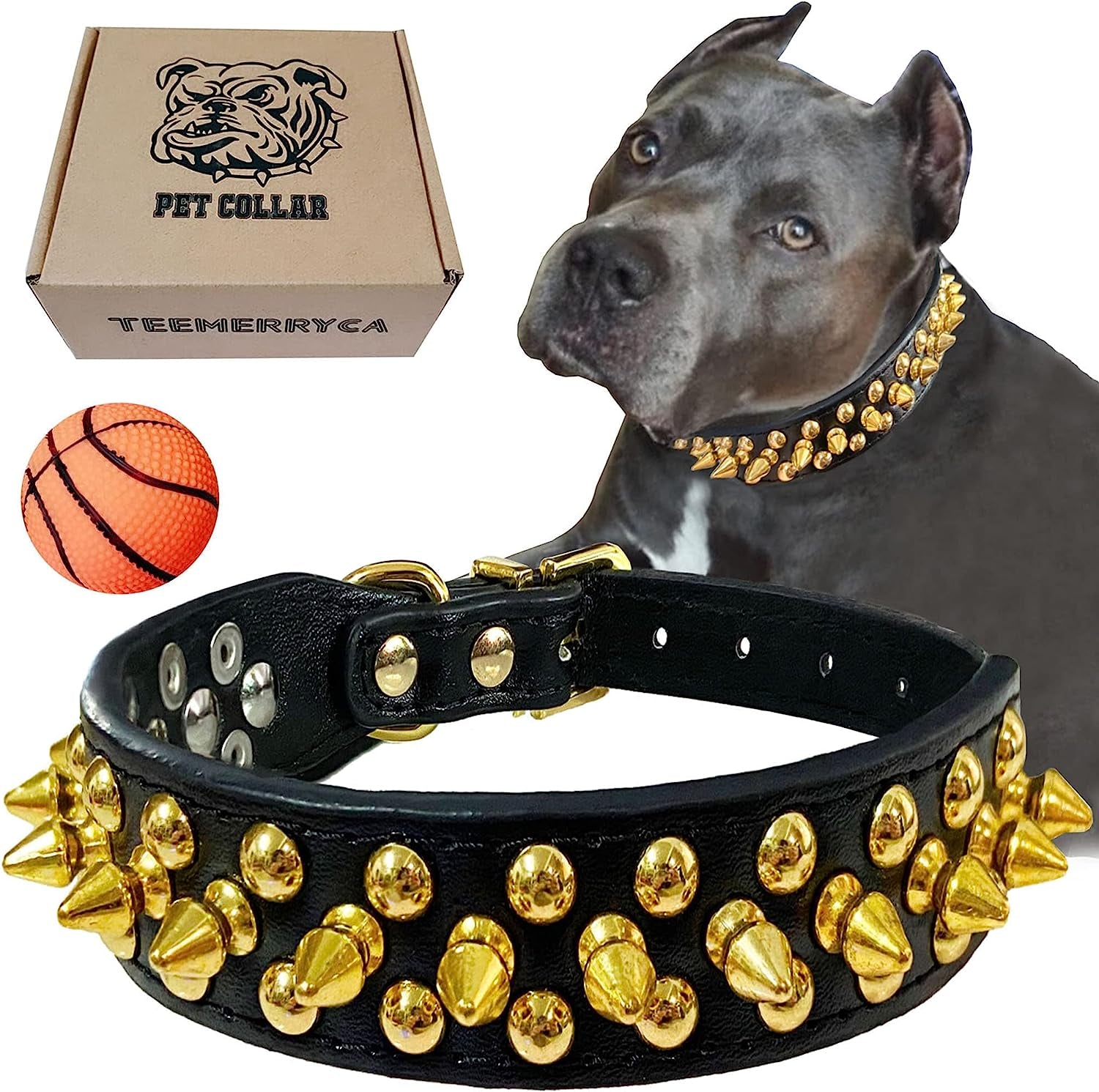 Black Leather Dog Collar with Gold Spikes for Small Medium Pets, Pit Bulls/Bulldog, Keep Dog Safe from being Grabbed by Huge Dogs, L(15"-18.5")