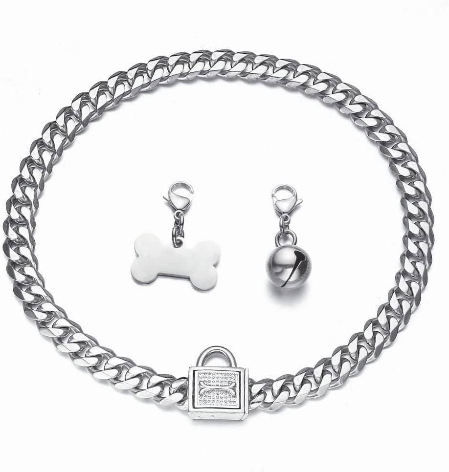 Silver Cuban Link Dog Collar Chew Proof Metal Stainless Steel Dog Chain Collar with CZ Lock,Id Tag and Bell 11/15/19MM for Small  Dogs(11Mm,10Inch)