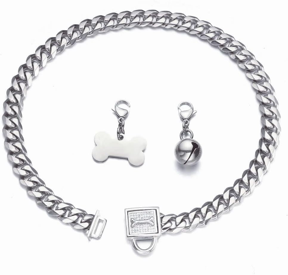 Silver Cuban Link Dog Collar Chew Proof Metal Stainless Steel Dog Chain Collar with CZ Lock,Id Tag and Bell 11/15/19MM for Small  Dogs(11Mm,10Inch)