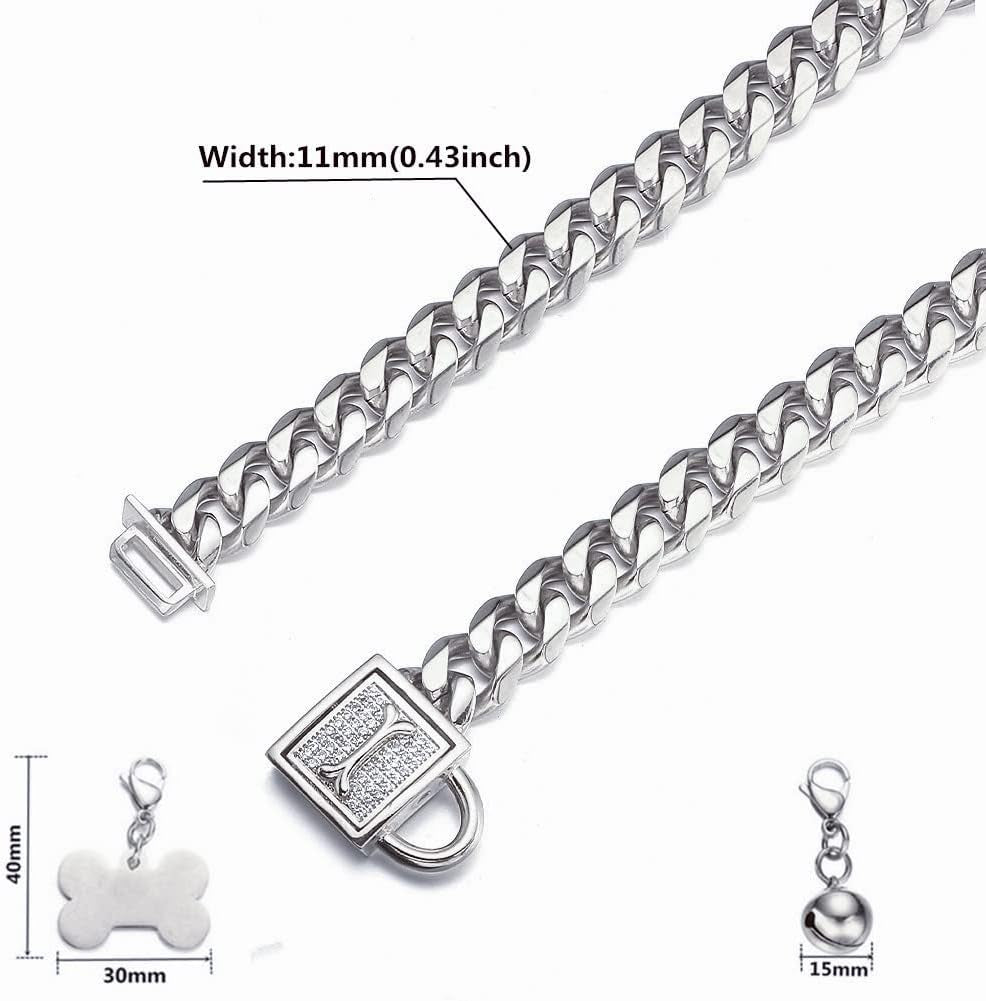 Silver Cuban Link Dog Collar Chew Proof Metal Stainless Steel Dog Chain Collar with CZ Lock,Id Tag and Bell 11/15/19MM for Small  Dogs(11Mm,10Inch)